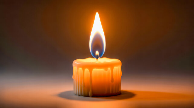 A single wax candle burns with a bright flame while soft melted paraffin wax drips slowly down the textured sides