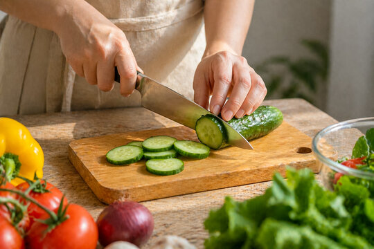 Close-up of hands cutting fresh vegetables on wooden board, home cooking concept, natural light, healthy food preparation scene.