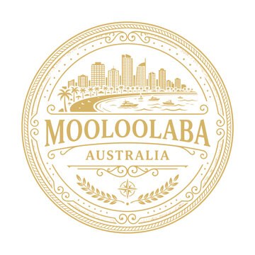Vintage gold Mooloolaba Australia skyline travel badge isolated on white background vector