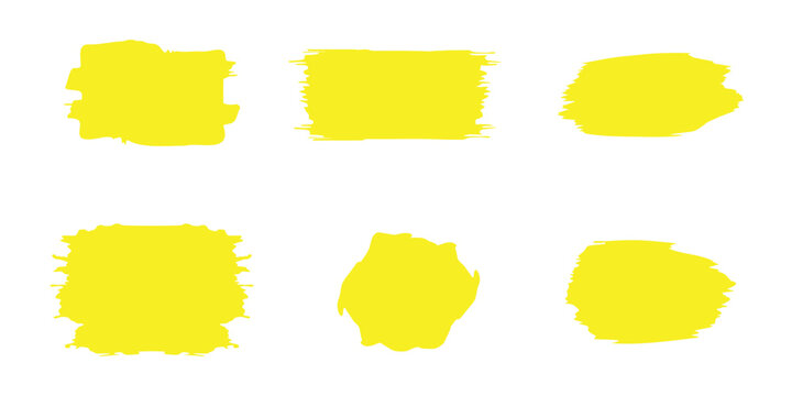 abstract Yellow grunge brush stroke set. Vibrant ink paint highlighter blocks and text banners. Vector graphic elements.
