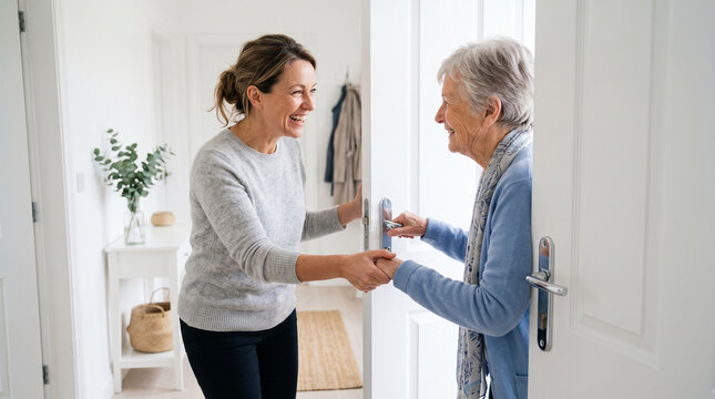 Person opening door at home to welcome visitor