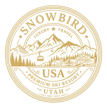 Vintage gold Snowbird Utah ski resort emblem featuring mountains and cable car vector