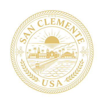 Vintage San Clemente California coastal emblem with pier and mission architecture vector illustration