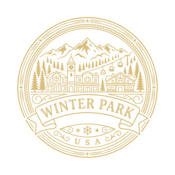 Vintage Winter Park USA ski resort emblem featuring mountains and village chalets vector illustration