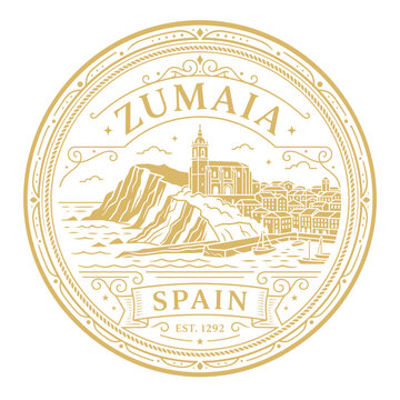Vintage Zumaia Spain coastal emblem with cliffs and church gold vector illustration