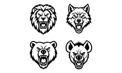 Fototapeta premium Lion Wolf Bear and Hyena Roaring Mascot Head Logo Set