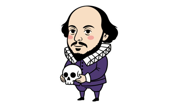 William Shakespeare Cartoon Holding Human Skull Literature Illustration