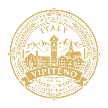 Elegant golden Vipiteno Italy travel badge featuring mountains and historic architecture vector illustration