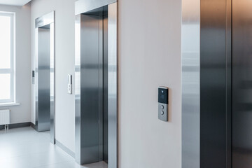 modern elevator doors in empty office building corridor, clean interior with metal panels. The interior of corporate real estate © Marya