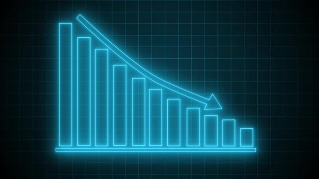 Neon declining bar chart with down arrow animation on black background