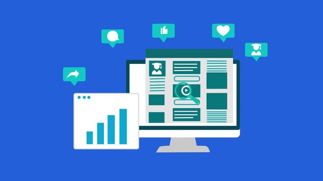 Social media marketing and web content on computer screen animation