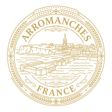 Vintage Arromanches France circular emblem with Mulberry Harbour line art vector illustration