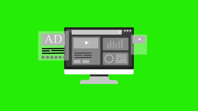 Analytics dashboard on desktop monitor flat animation