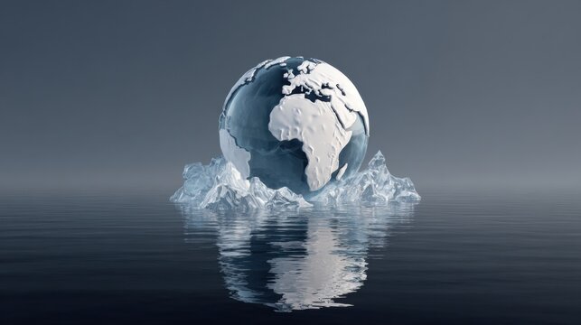 Earth globe floating on icebergs in calm water reflecting light