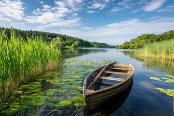 Obraz premium Rustic Rowboat on Serene Forest Lake. 
