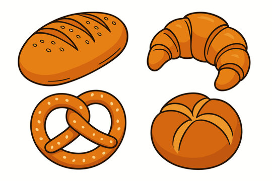 Isolated Bakery Items Isolated bright bakery items including bread croissant pretzel and rolls for menus packaging and blogs.