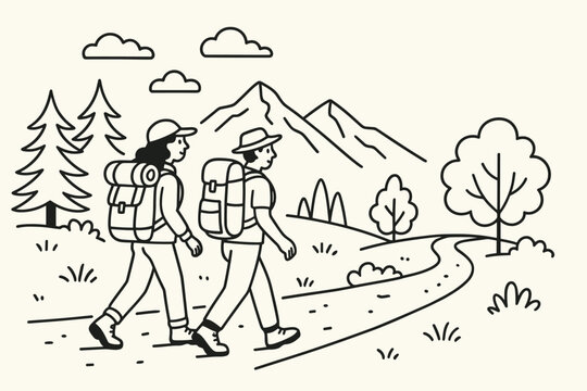 Outdoor Adventure Illustration Hikers walking with backpacks trees mountains and open space for travel blog headers and ads.