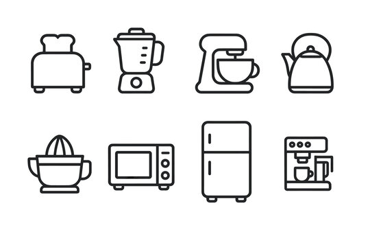 Appliance Icons Toaster blender mixer kettle juicer microwave fridge stove and coffee maker icons for dashboards and apps.