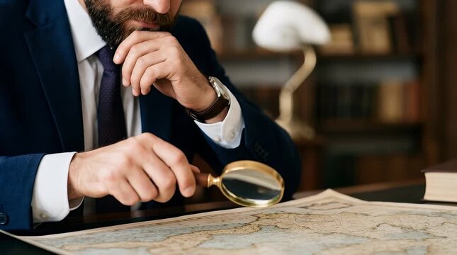 Thoughtful Professional Examining Historical Map with Magnifying Glass in Cozy Library Setting