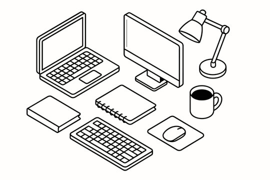 Isometric office essentials including laptop monitor lamp folder notebook coffee cup keyboard and mouse for explainers.