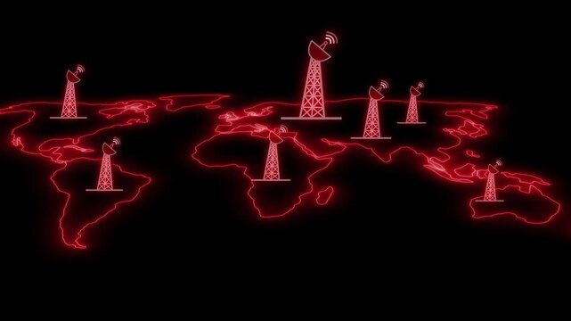 Global wireless network with radio towers on glowing world map animation