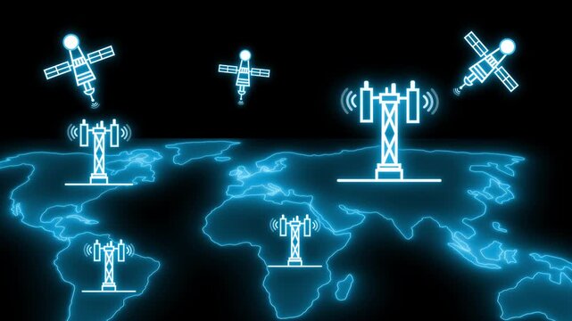 Global satellite and wireless network coverage concept animation