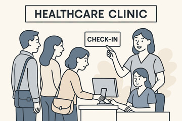 Naklejka premium Vector illustration scene healthcare clinic reception visitors checking in while nurse shows CHECK IN board guiding calm onboarding flow.