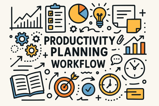 productivity planning workflow flat vector doodle poster with central headline and doodle icons shows charts clocks gears and notes.