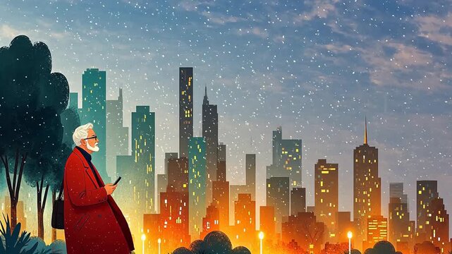 Elderly man in red coat on city street