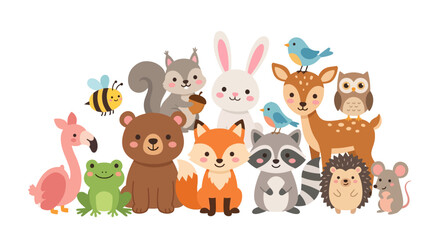 Obraz premium A cute collection of funny cartoon animals featuring a baby dog, cat, lion, and farm livestock in a vector character set for zoo and pet illustrations