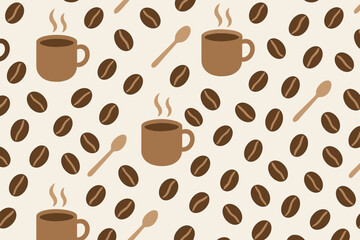 Fototapeta premium Coffee cocoa drink vector seamless pattern including mugs beans spoons.