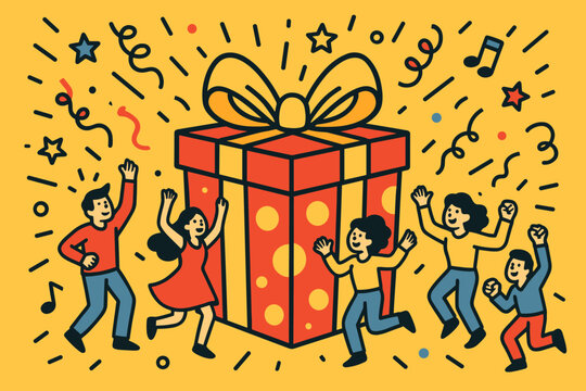 Celebration party joy flat cartoon comic banner featuring oversized gift box and tiny dancers.