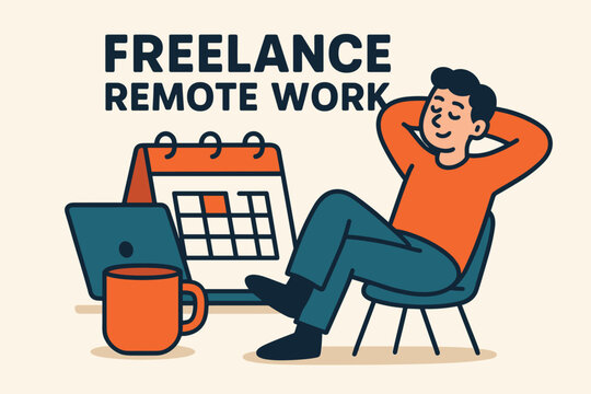 Freelance remote work flat vector banner with laptop mug calendar and relaxed character.