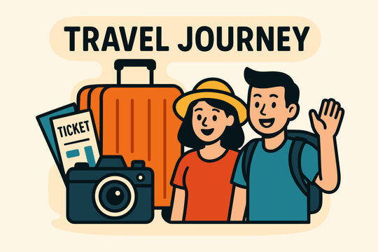 Travel journey exploration flat vector banner showing suitcase tickets camera and travelers.