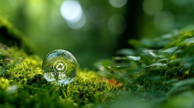 Environment. Crystal ball on grass in green forest. with icon symbol Inclusive environment, ecology, conservation, environmental concepts, green business or investment, CSR, ESG, NET ZERO.