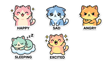 Obraz premium Cartoon cats display various emotions like happy, sad, angry, sleeping and excited.