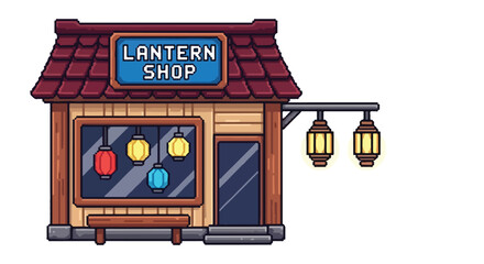 Obraz premium This pixel art vector features a cozy wooden lantern shop with a tiled roof, colorful display lanterns, and a blue neon-style sign.