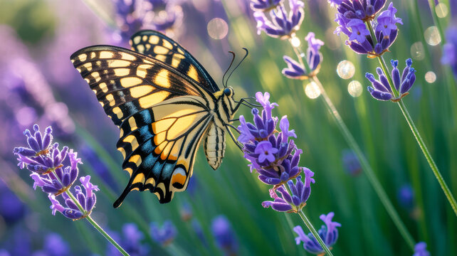 Beautiful yellow and black butterfly resting on purple lavender flowers in a field