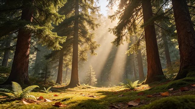 Sunlight filtering through forest trees