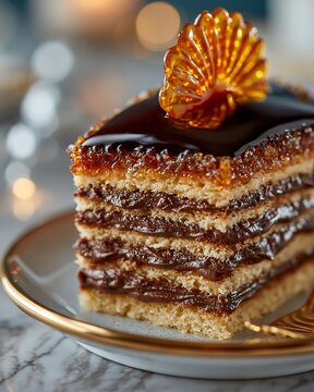 Traditional Dobos torte cake slice with chocolate and caramel