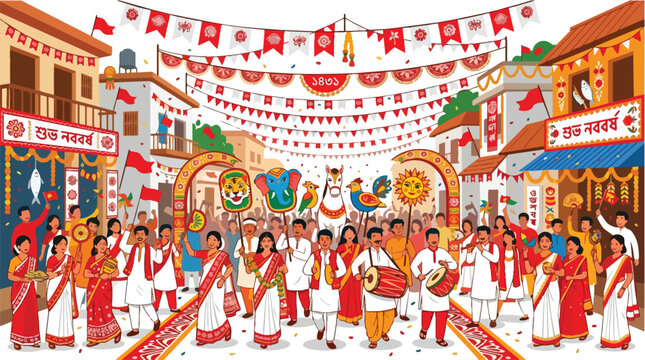 Pohela Boishakh Celebration in a Bengali Village with People Dancing and Parading Traditional Symbols and Banners