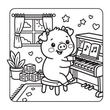 Piglet Playing Piano Coloring Page for Kids Cute Kawaii Simple Bold Line Art Design Page