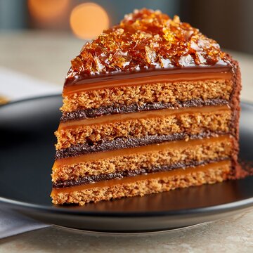 Slice of traditional Dobos torte cake with crunchy caramel