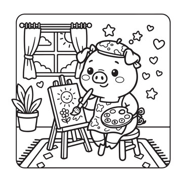 Piglet Painting Coloring Page for Kids Cute Kawaii Artist Animal Bold Line Art Design