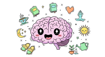Fototapeta premium Smiling Brain Surrounded by Various Icons and Symbols in Space