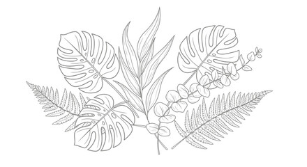 Botanical line art arrangement with monstera, fern, and eucalyptus leaves © Mami