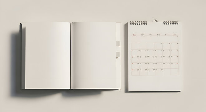 Open book and calendar on table.