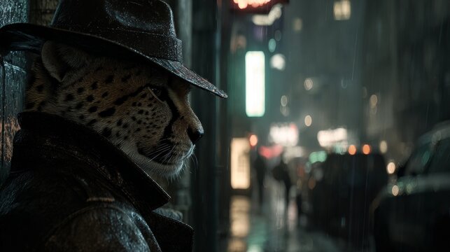A cheetah-anthro in a fedora and trench coat observes a neon-lit, rain-slicked city street