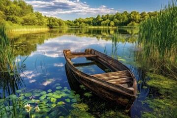 Obraz premium Rustic Rowboat on Serene Forest Lake. 