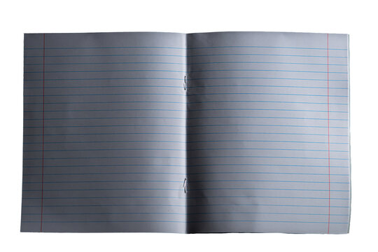 Open notebook with blank lined pages isolated on transparent background, PNG with alpha channel. Concepts of stationery, education, writing, school, office, planning, mockup, and paper design.